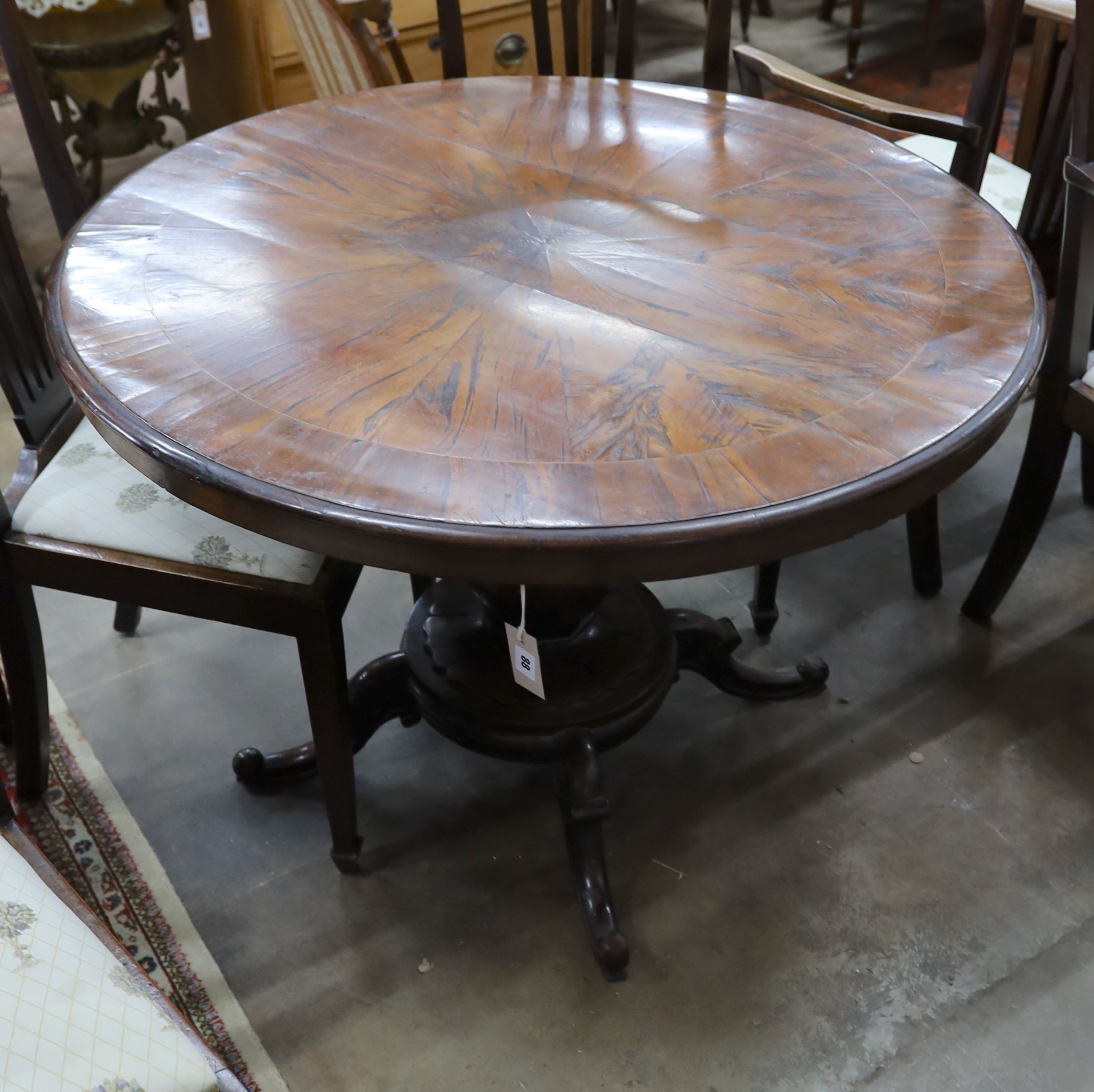 An mid 19th century yew wood circular centre table, diameter 104cm, height 71cm